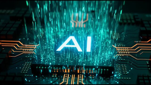 Futuristic High-Tech AI Brain with Binary Code Rain to AI microchip board, an artificial intelligence powered illustration concept