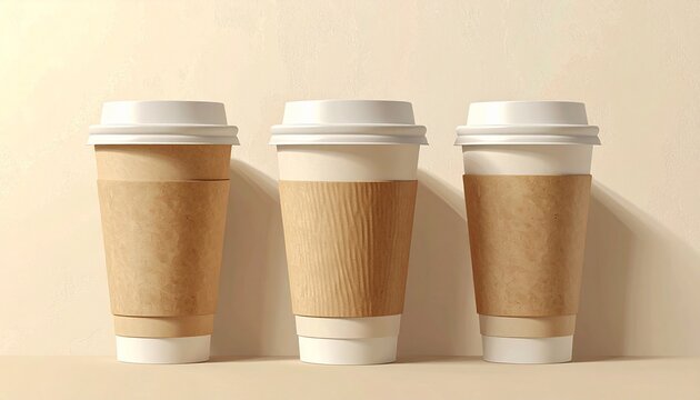 Three disposable coffee cups mockup arranged in a row on a table with a plain background