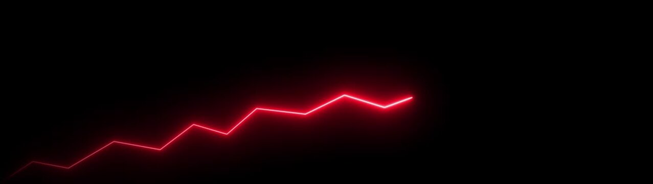 A bright red neon line graph with sharp upward angles ascends diagonally from the bottom left corner against a completely black background, suggesting financial growth or positive trend analysis