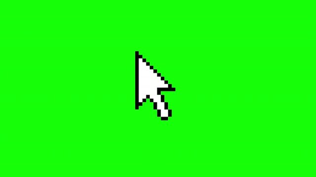 White pixelated arrow cursor icon design moving up and down on green screen. White pixelated computer mouse cursor arrow pointer symbol icon animation 