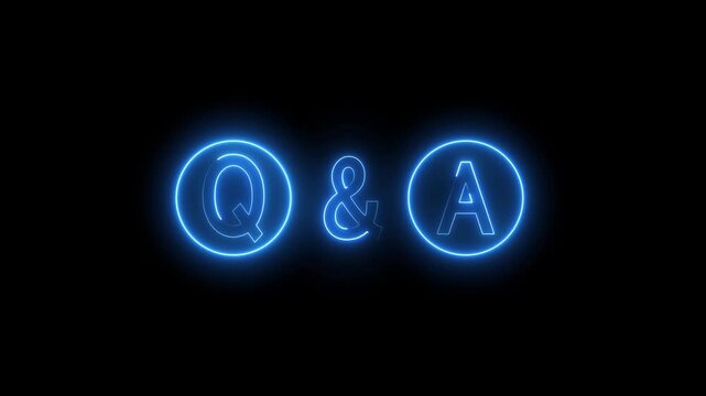 The letters Q and A, along with an ampersand symbol, are rendered in bright blue neon light with a glowing aura against a completely black background, representing a question and answer session
