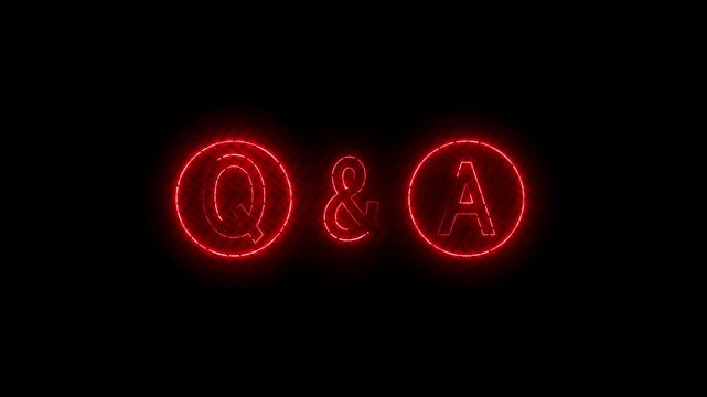 The letters Q and A, along with an ampersand symbol, are depicted in vivid red neon light with a subtle dotted texture and glowing effect against a dark black background, signifying a question and