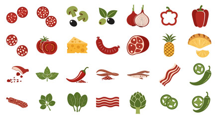Pizza Toppings and Fresh Ingredients Vector Icon Set - Flat Design Food Elements
