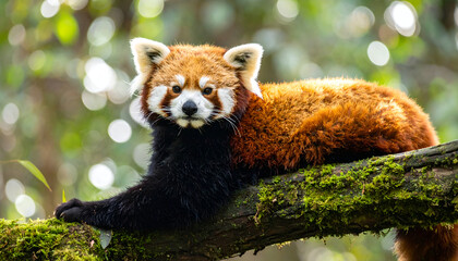 Fototapeta premium Red panda rests on mossy tree branch, surrounded by soft bokeh forest background.