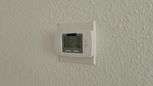 White thermostat installed on an interior wall with arrow shaped buttons