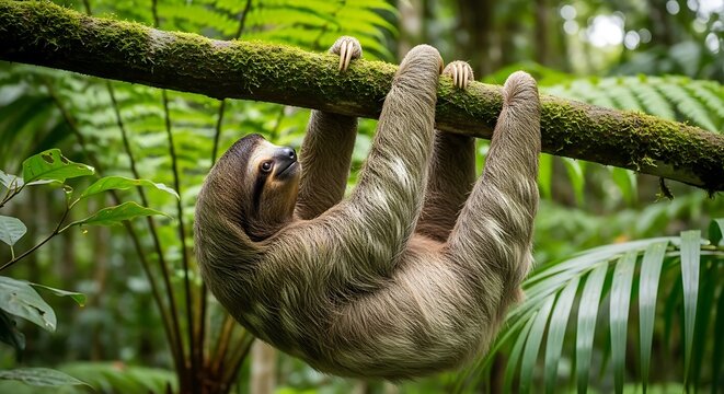 Sloth hanging upside down from tree branch