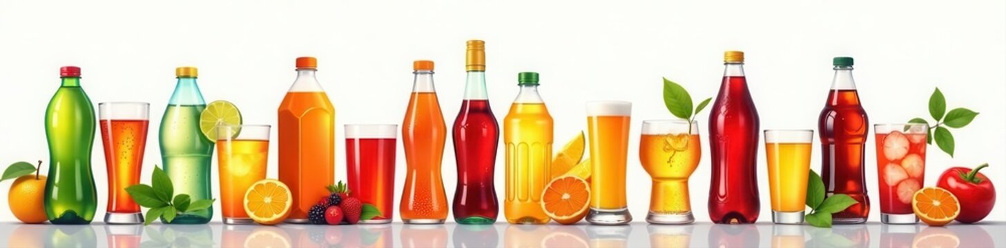 Variety of plastic bottled drinks and glasses Flat vector illustration , can, glass