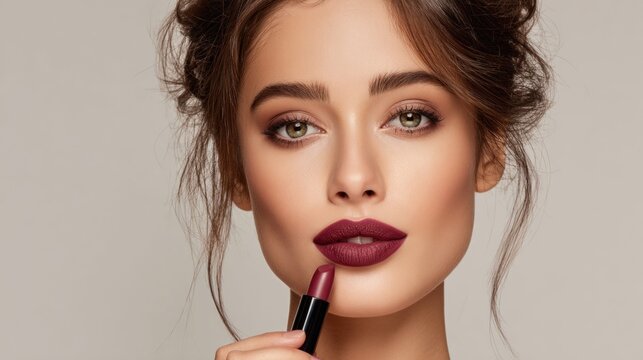 Beautiful woman applying deep berry lipstick for a glamorous makeup look