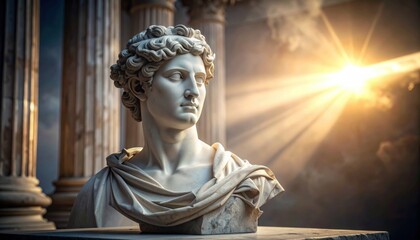 Obraz premium Majestic Marble Bust Sculpture of a Classical Figure Bathed in Dramatic Sunlight