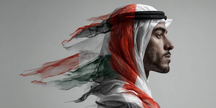 Emirati man in traditional attire with UAE flag flowing dramatically around him