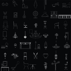 Furniture and Interior Decoration Line Icon Set Collection, White Outline Vector on Black Background for Graphic and Interior Design