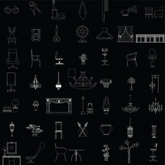 Furniture and Interior Decoration Line Icon Set Collection, White Outline Vector on Black Background for Graphic and Interior Design