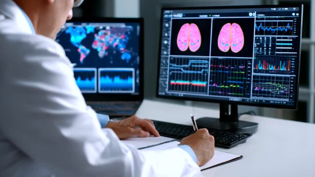 Doctor Analyzing Brain Scan Data in Modern Lab