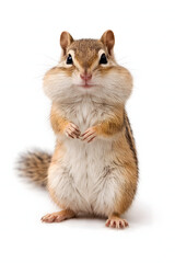Cute chipmunk with full cheeks standing isolated on white background looking at camera