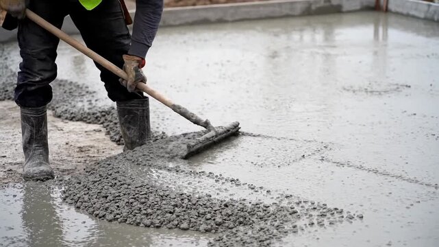 Concrete Worker Carefully Spreading Freshly Poured Cement with a Specialized Rake on a Construction Site Floor
