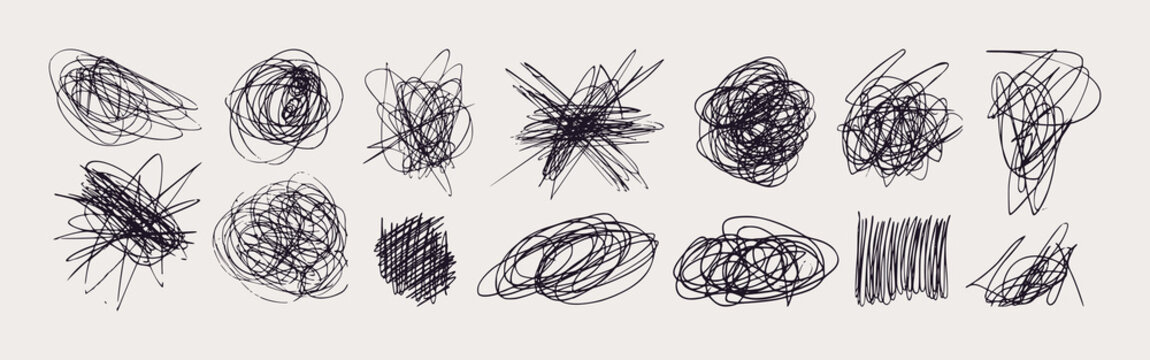 Messy Pen Scratch Set. Hand-drawn Vector Scribble Textures. Chaos Doodle Elements in Kids Style. Sketchy Messy Line and Strokes for Grunge Designs, Collage, Note, Scrapbook Designs.