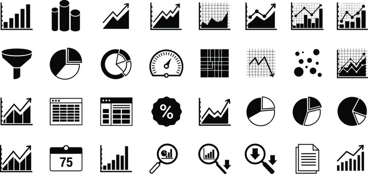 Minimalist black and white data visualization icons, business analytics elements, statistical infographic graphics, abstract presentation design set, modern vector illustration