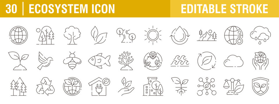Collection of ecosystem icons. Plants, water, leaves, green energy, recycling and more. Vector design templates, signs, symbols, and editable strokes.