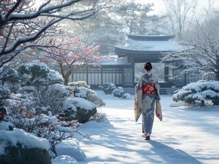 雪の積もる庭園を歩く着物の女性