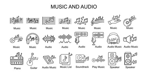 Music and Audio Icon Set with Audio Music,Piano,Guitar,Music List,Soundtrack,Play Music,Speaker