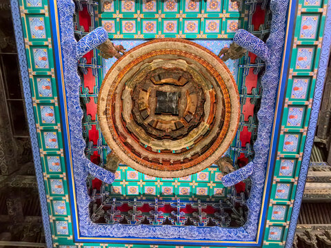 Ornate Traditional Chinese Caisson Ceiling with Blue Cloud Patterns