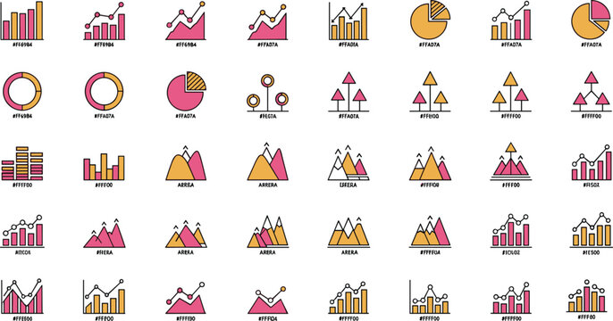 Colorful data visualization icon collection, business analytics charts, statistical infographic elements, abstract presentation graphics, modern dashboard design set, vector illustration