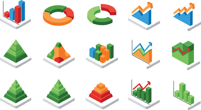 Isometric colorful data visualization icons, business analytics charts, statistical infographic elements, abstract presentation graphics, modern dashboard design set, vector illustration