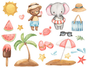 Watercolor elephant, bear, watermelon, sun, ice cream, palm tree illustration for kids © Olga Listopad