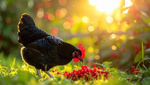 Black Australorp Hen Enjoying a Sunny Morning Meal of Red Berries in a Lush Garden