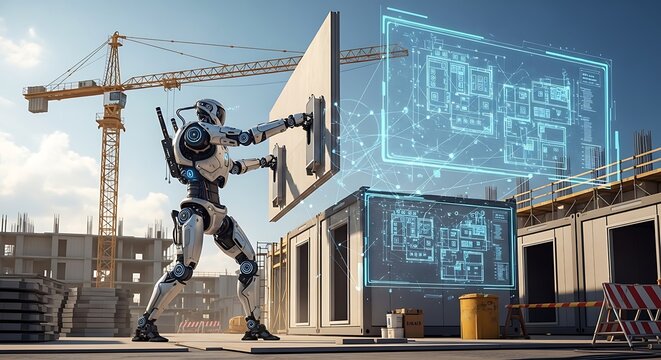 Futuristic robot constructing building with blueprint overlay at construction site