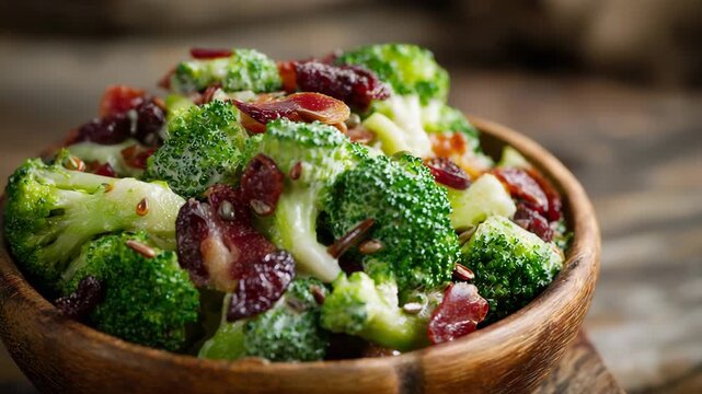 Fresh broccoli salad combines nutritious ingredients like cranberries, bacon, and sunflower seeds in a rustic wooden bowl, perfect for any meal or gathering