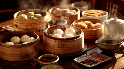 Chinese Dumplings on Wooden Table