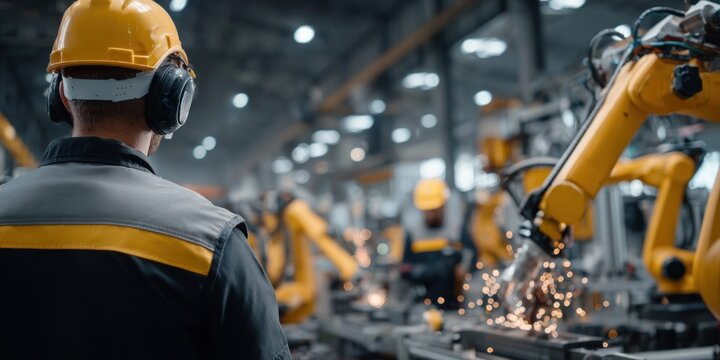 Factory worker in yellow hard hat observes automated robotic arms welding on assembly line
