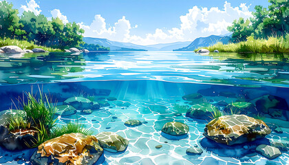 綺麗な湖の水中水彩イラスト背景_generated by AI