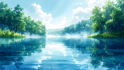 森の綺麗な湖の水彩イラスト風景_generated by AI