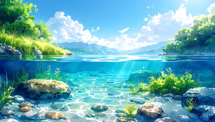 綺麗な湖の水中水彩イラスト背景_generated by AI