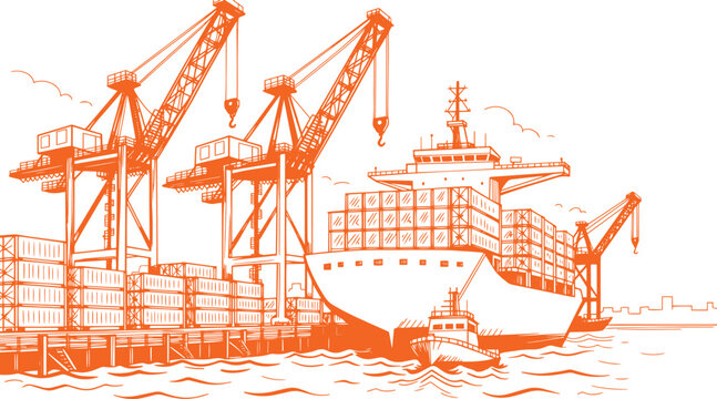 Industrial Shipping Port with Container Cranes, Cargo Ships and Freight Containers &ndash; Logistics Infrastructure Concept Vector Black Line Art Illustration, Maritime Transport Harbor Outline Drawing 
