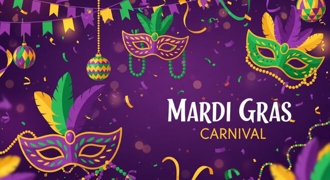 Mardi gras masks and decorations on purple background with confetti and streamers festive carnival celebration
