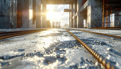 Construction site with sunbeams highlighting rebar and concrete aggregate textures