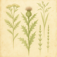 Obraz premium Hand-painted wild plants with handwritten botanical notes, faded ink effect, natural green and sepia tones, antique watercolor illustration style, high detail but soft edges 