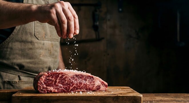 Close-up of a chef cutting fresh raw meat on a wooden cutting board