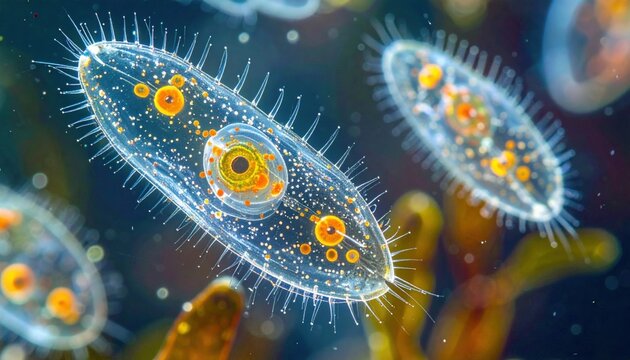 Detailed microscopic view of Paramecium with cilia covering its body, showcasing internal organelles and aquatic environment