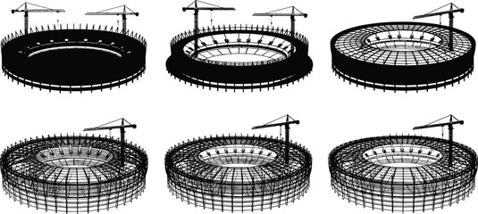 Stadium construction process stages silhouette set with tower cranes, circular arena structure development vector illustration isolated on white background for architecture and engineering concepts © MdMojibar