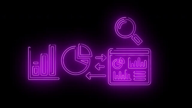 Neon-lit graphic design of business data analysis with bar chart, pie chart, and magnifying glass on a black background with purple glow.