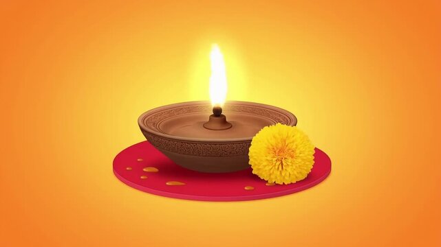Lit diya oil lamp with marigold flower on warm orange background, Diwali or Hindu festival spiritual concept