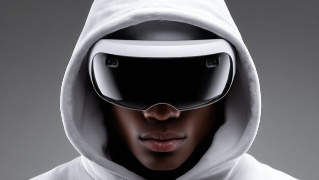 Person wearing a white hoodie and futuristic virtual reality headset, looking forward