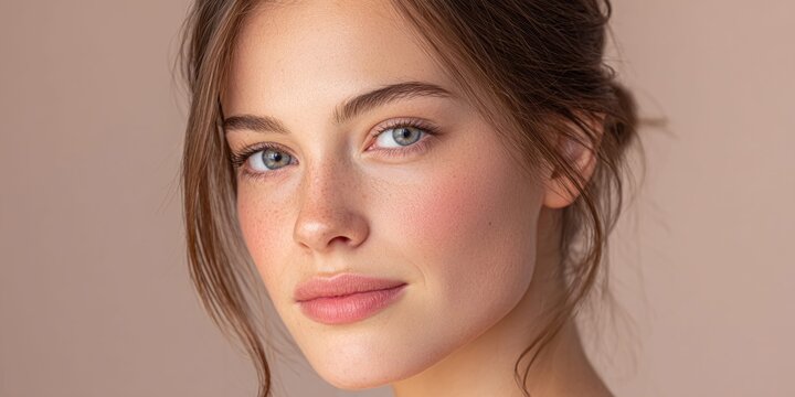 Close-up portrait of a young woman with freckles and soft makeup, looking gently forward