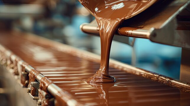 Melted chocolate flows smoothly from a machine onto a conveyor belt during the manufacturing process in a chocolate factory.