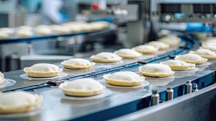 Automated production line with rows of uncooked pastries on a conveyor belt in a factory setting.