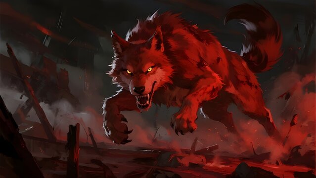 A fierce red wolf leaps forward through smoke and embers, baring its teeth in a dramatic, fiery scene.